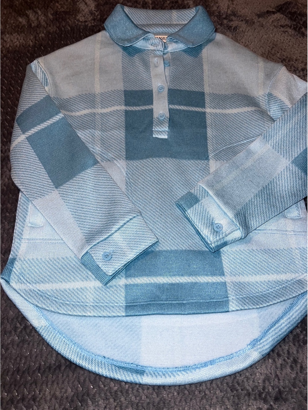 Girls Campfire Oversize Pullover, blue plaid fleece, size M
